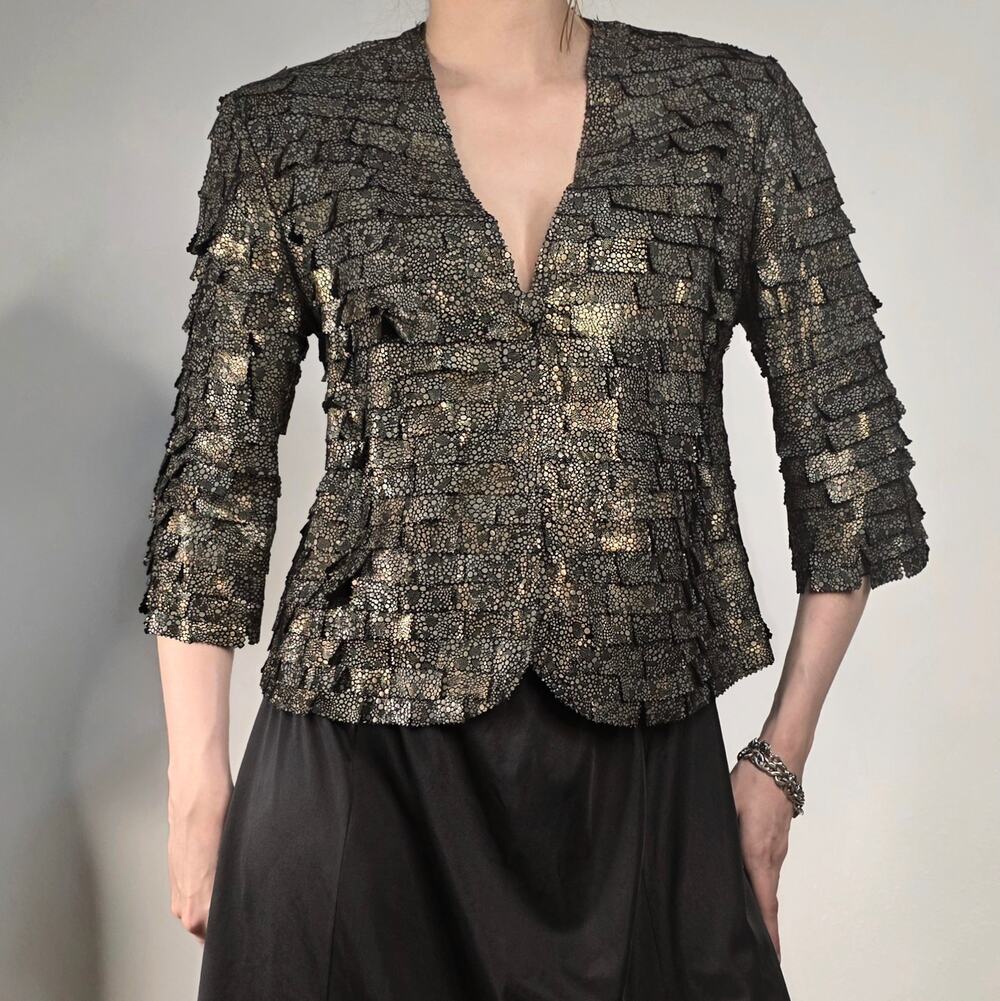 Genuine Lamb Leather Ruffle Jacket Metallic Gold Statement Vintage Stillman